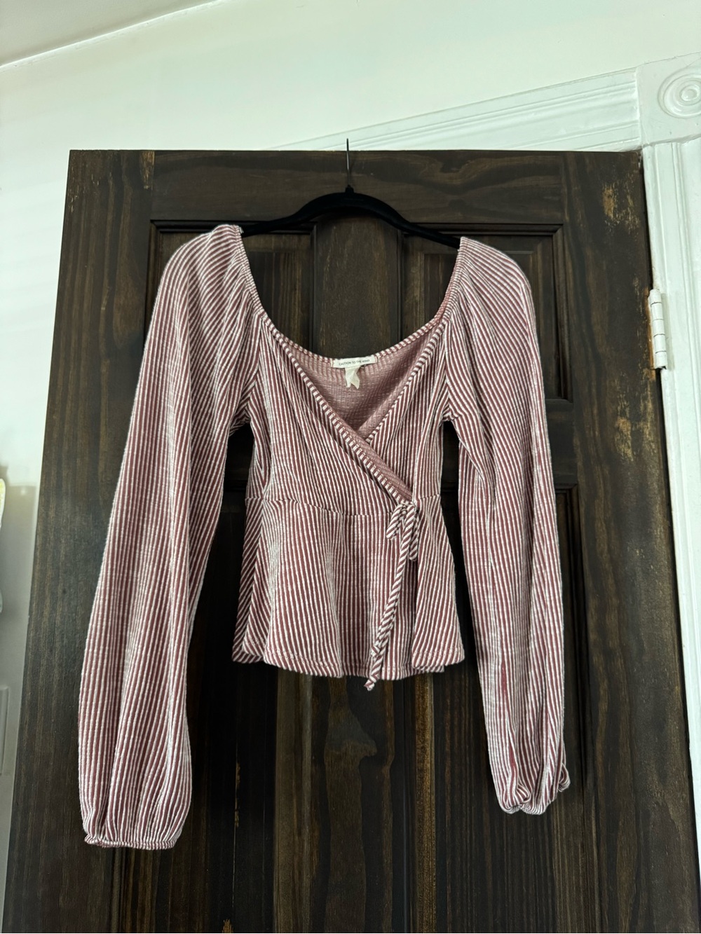 Striped Wrap Peplum Long-Sleeve Top in Medium Red